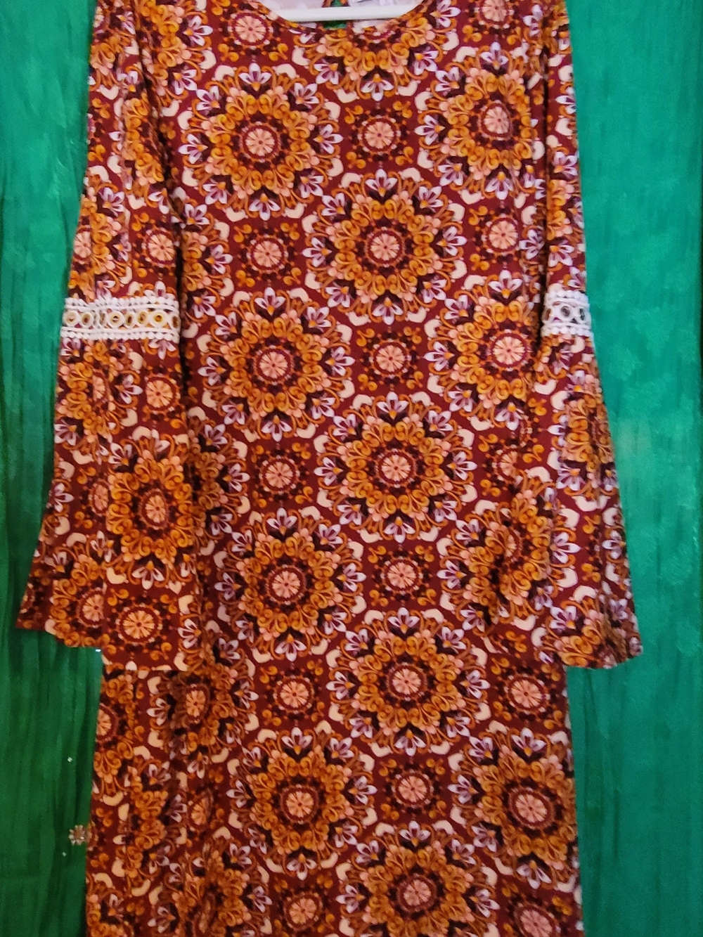 Boho Floral Midi Dress in Rust with Crochet Lace Trim